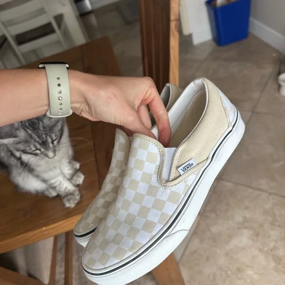 Vans Beige and White Checkered Slip-Ons - Picture 3 of 6